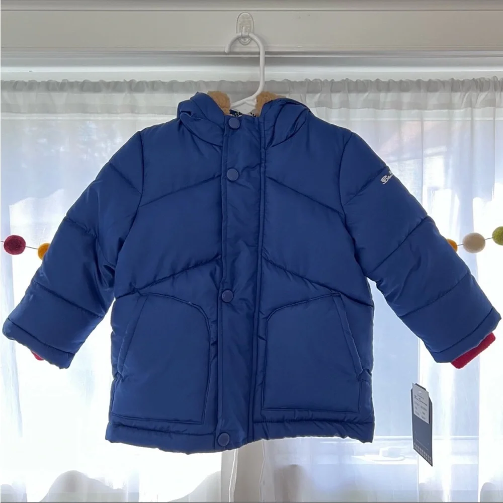 Ben Sherman Toddler Blue & Red Puffer Coat with Hood, 18M